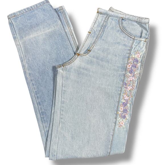Vintage 90s Jeans 26x33 Straight Leg Floral Embroidery Corduroy Handmade Brazil - Picture 1 of 11